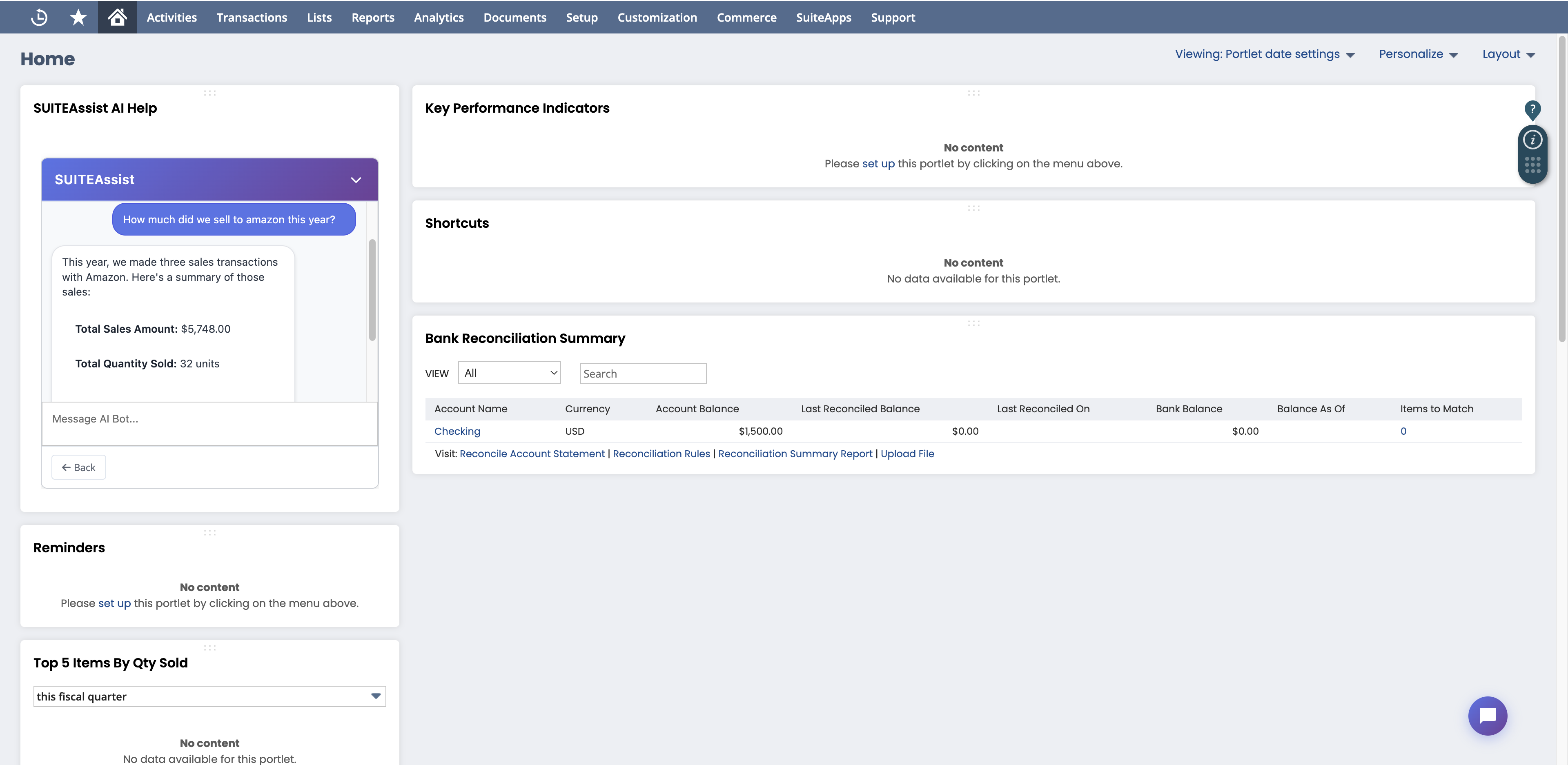 SuiteAssist embedded in a NetSuite dashboard as an AI side-panel